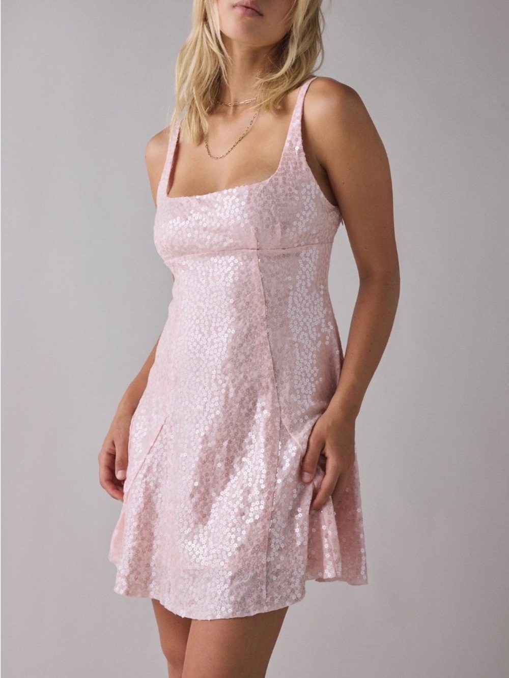 UO Liv Sequin Open Back Fit-And-Flare Mini Dress - Soft Pink